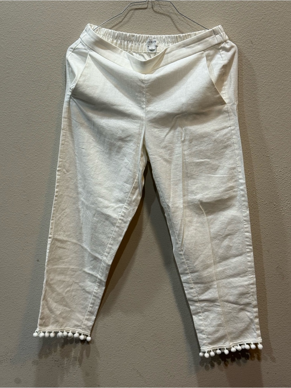 J.Crew Linen Cotton Blend Pom-Pom Ankle Pants Elastic Waist Pocket White
